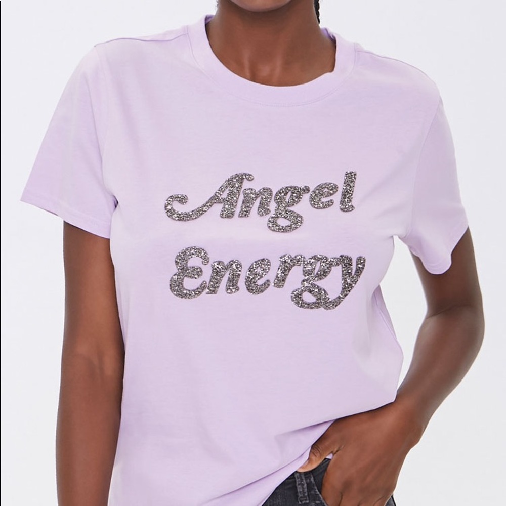NWT Forever 21 Glitter Angel Energy Tee Purple Silver